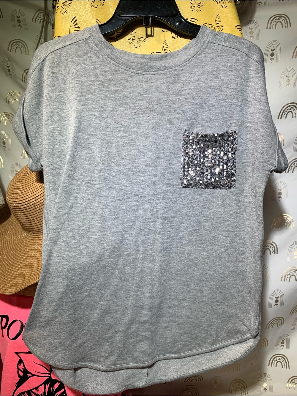 Cupio Gray Short Sleeve Tee with Silver Sequin Pocket